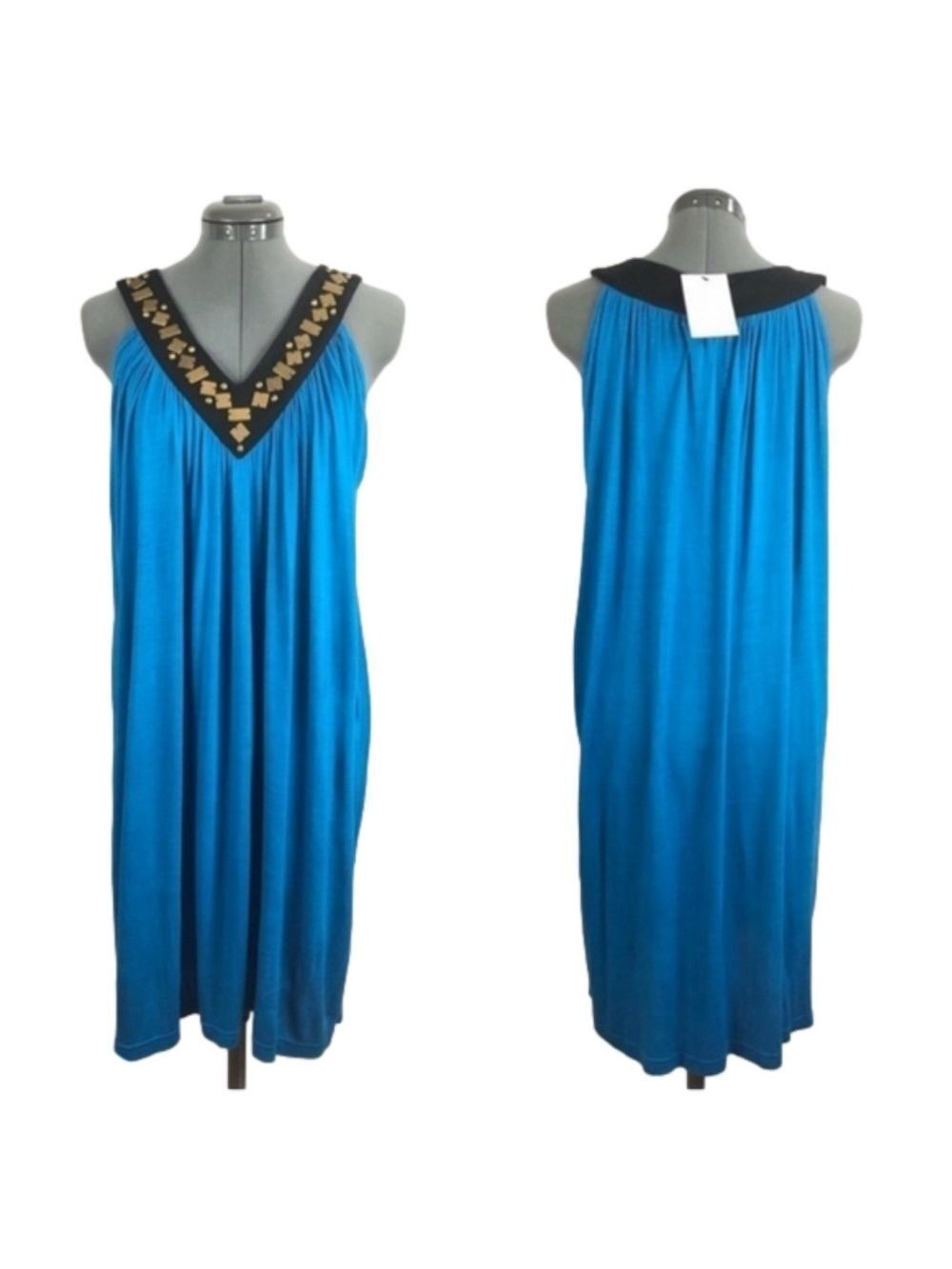 AVANTI Turquoise V-Neck Shift Dress with Bronze Accent Front. Size S. NWT!